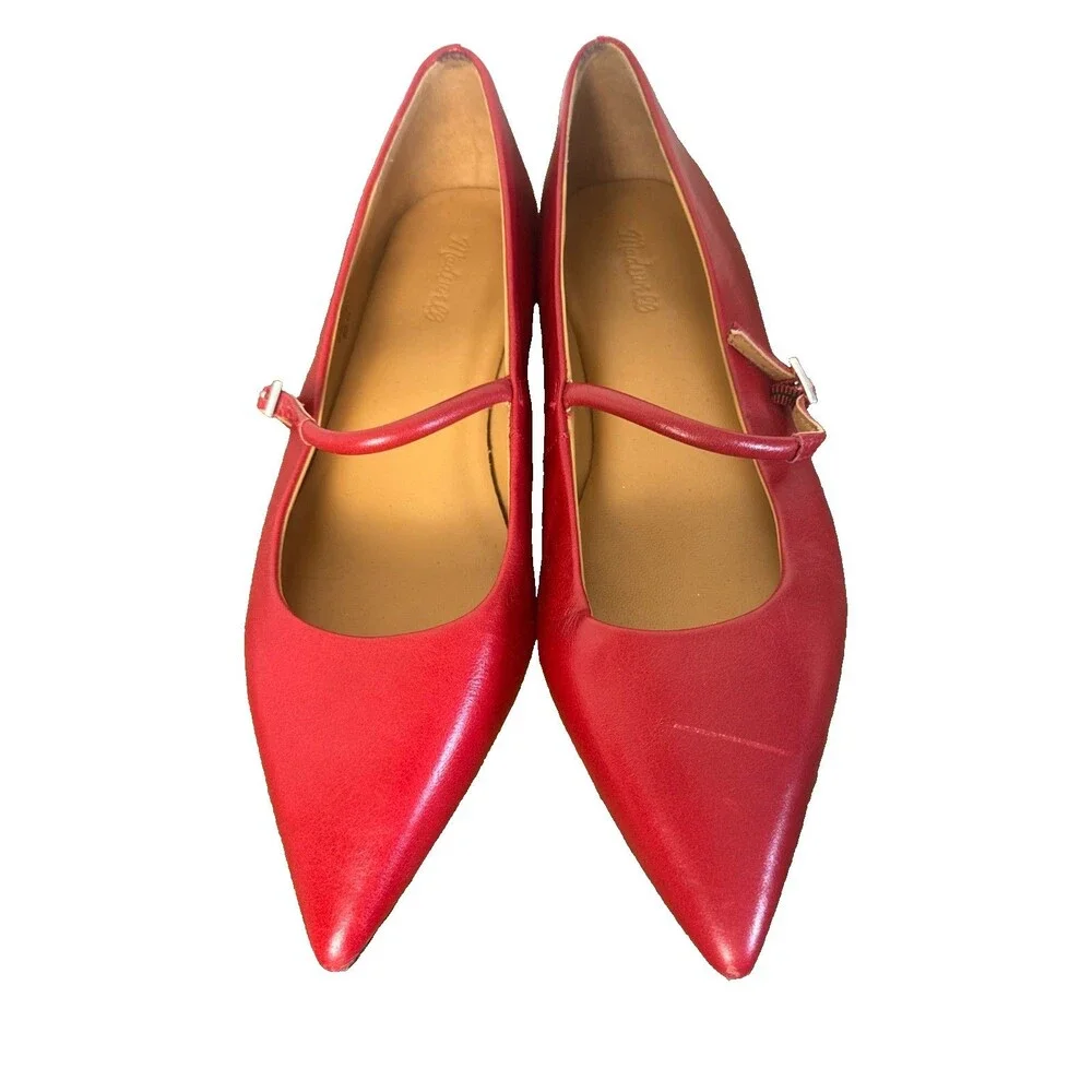 Madewell Red Leather Mary Jane Flats Women 6.5 Pointed Toe Ballet Shoes